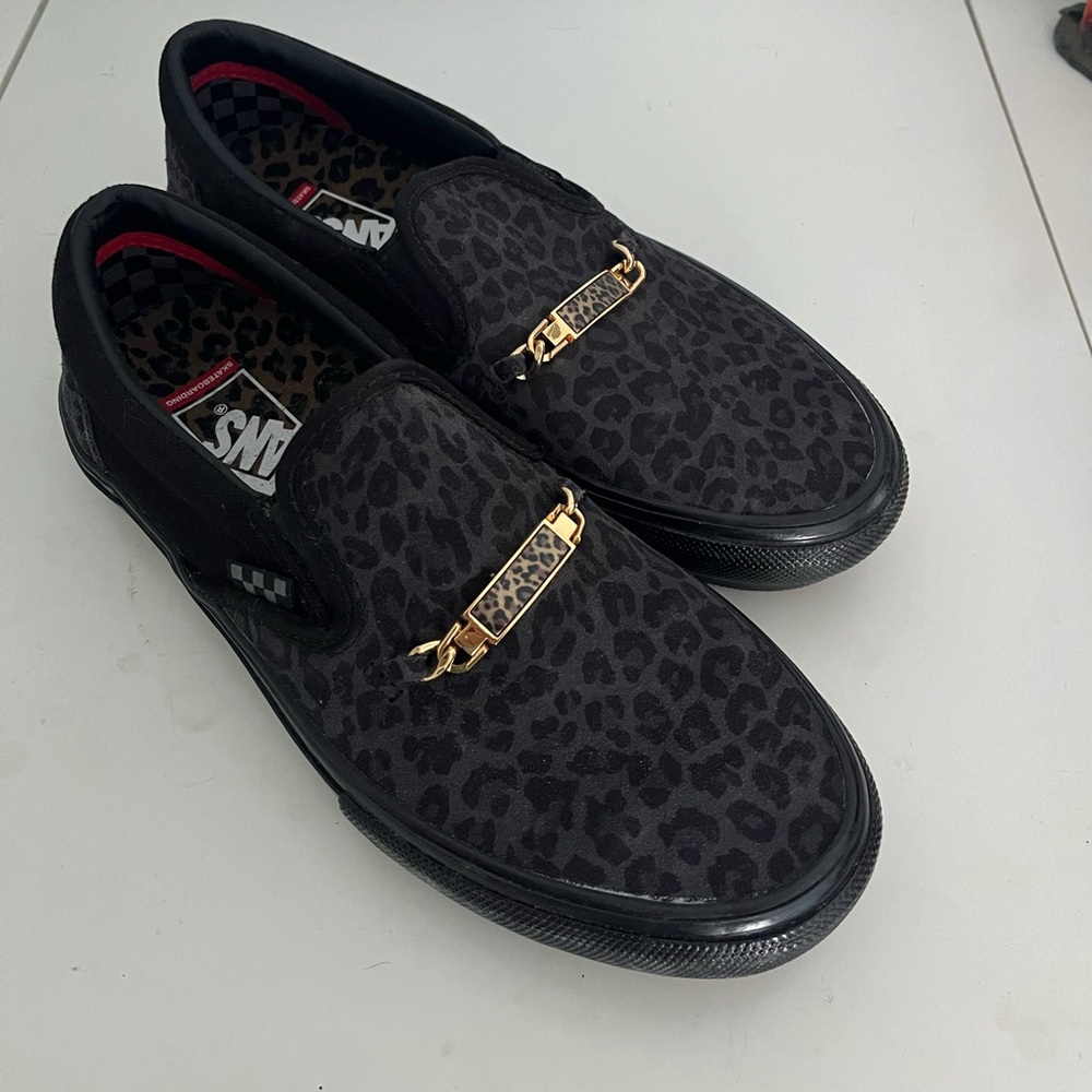 Vans Women's Black and Gold Leopard Print Sneakers